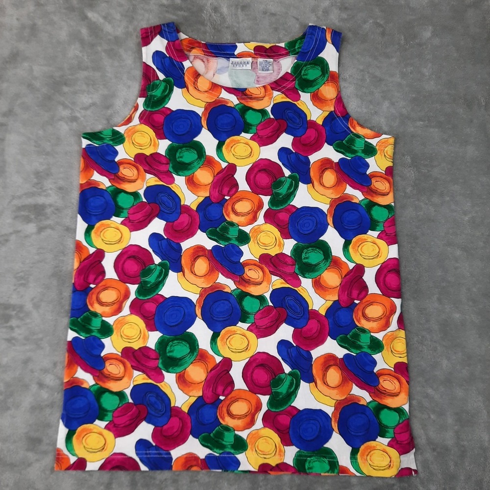 VTG Hat Print Tank Top Large Colorful Artsy Boho Quirky Dopamine 80s 90s Novelty